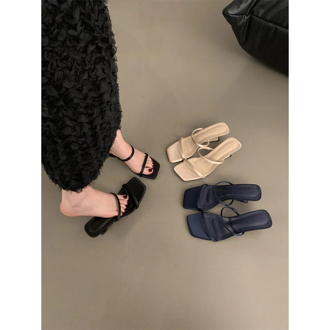 设计感小众法式一字带凉鞋高跟鞋女鞋春夏季坡跟凉拖韩版高跟拖鞋