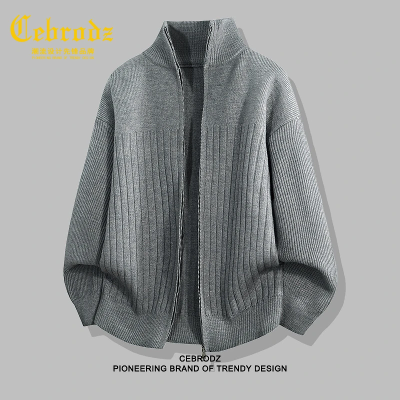 法国Cebrodz高级感立领拉链开衫毛衣外套男秋冬新款条纹针织衫