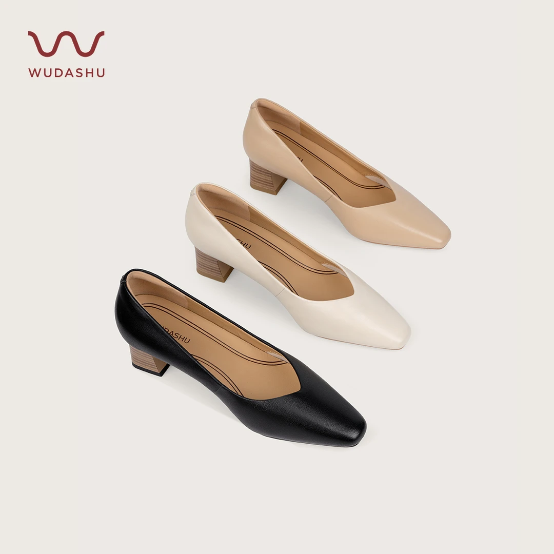 吴大叔方头百搭真皮粗跟工作鞋软底简约浅口高跟鞋木纹跟单鞋女鞋