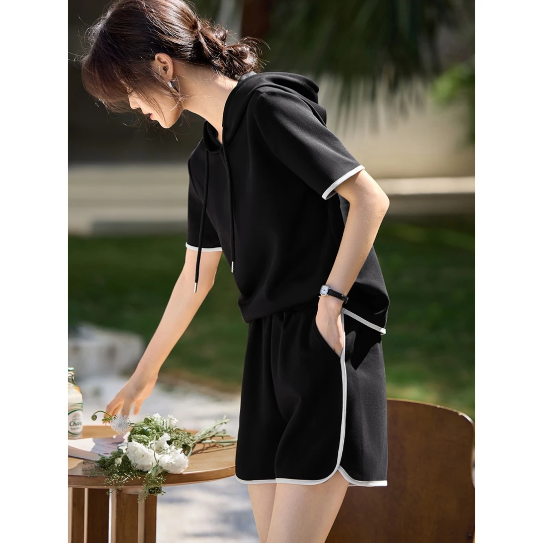 休闲时髦运动套装女夏季抽绳撞色短袖连帽卫衣短裤两件套百搭