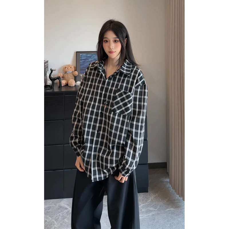 黑色泡泡纱长袖衬衫男款秋季美式复古格子衬衣宽松大码翻领外套潮