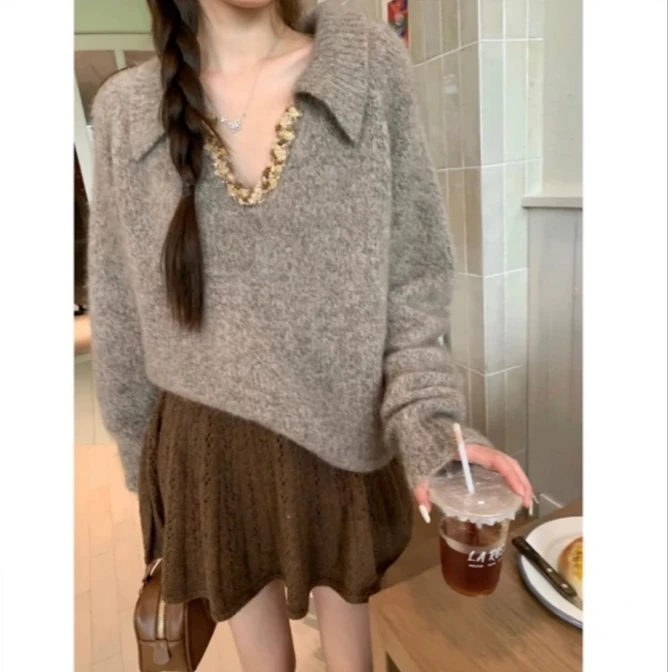 （9967）大码女装欧货复古时尚翻领高级感针织衫秋冬穿搭新款毛衣女