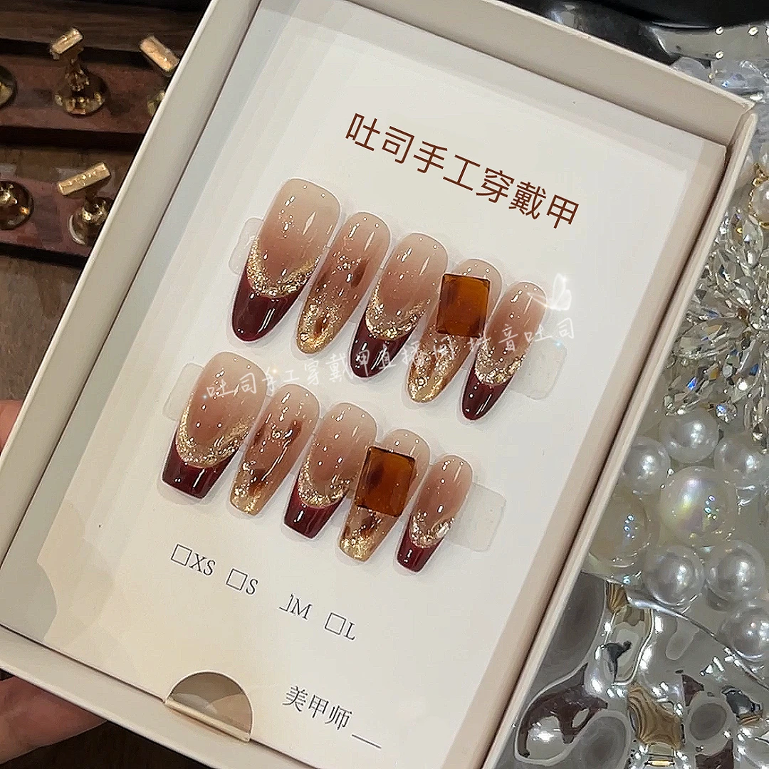 金秋豹纹~现货纯手工豹纹法式款穿戴甲十片装掉钻包补