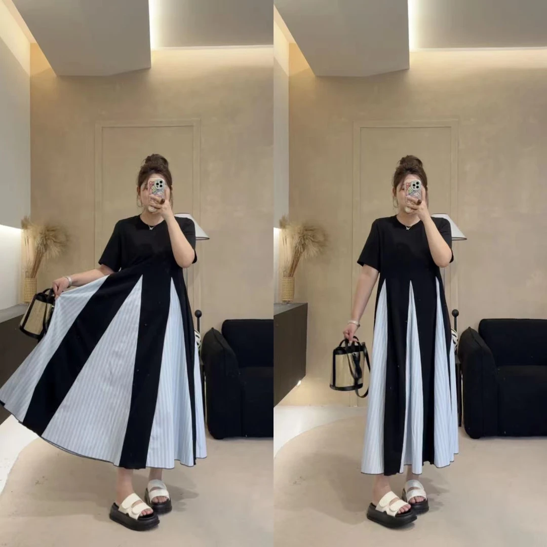 晶咕【条纹舞步】条纹拼接显瘦短袖连衣裙气质高腰时尚休闲夏季