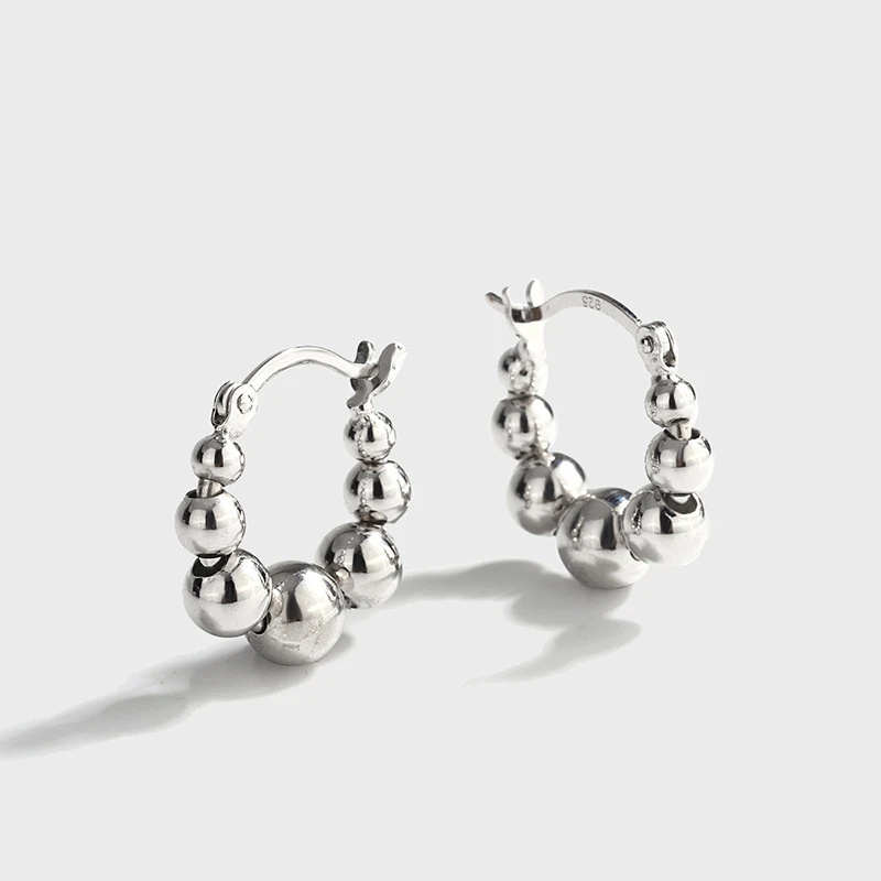 112纯银S925韩版耳环ins极简小众设计气质百搭几何圆串珠光面耳扣