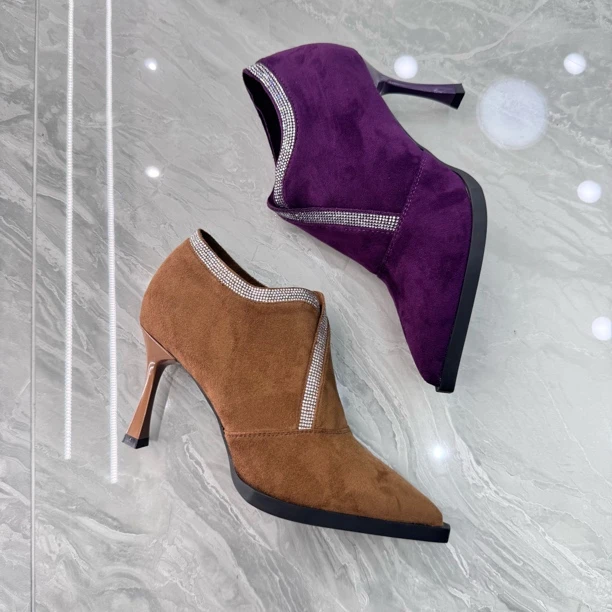 63008深口细跟跟鞋一脚蹬女士水钻高跟单里单鞋尖头短靴春秋