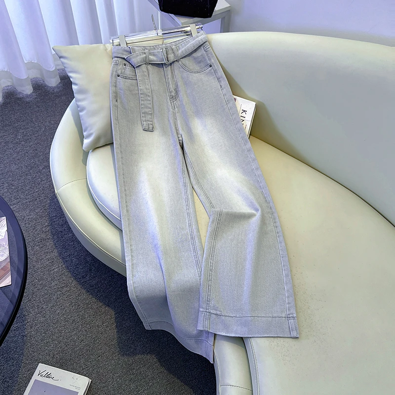 拉夏贝尔小个子显瘦阔腿牛仔裤女春秋2025新款春宽松直筒时尚长裤