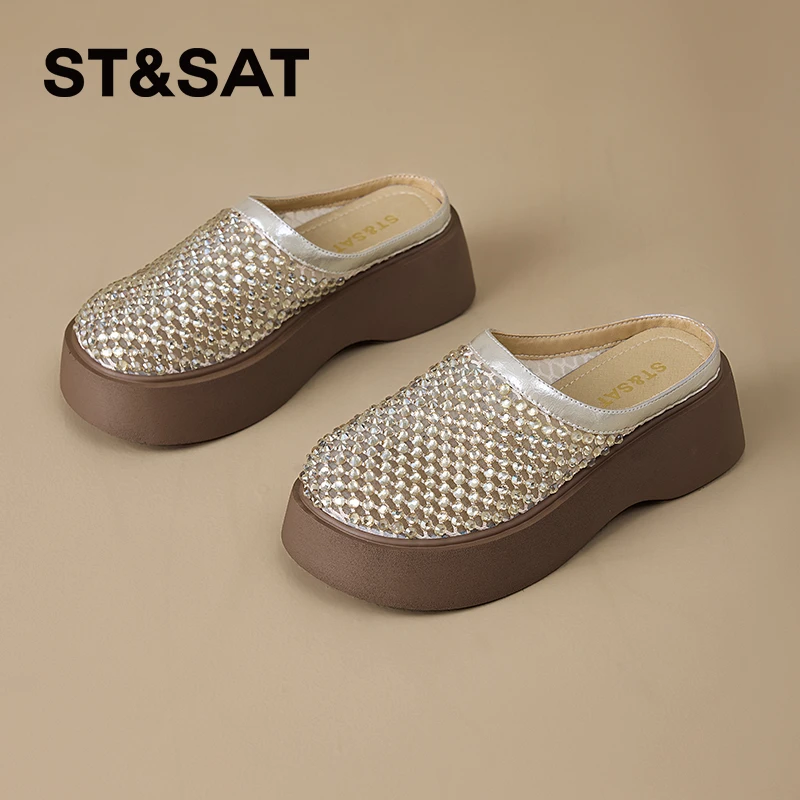 星期六女士镂空凉拖鞋2025新款夏季外穿网面编织透气松糕一字拖女