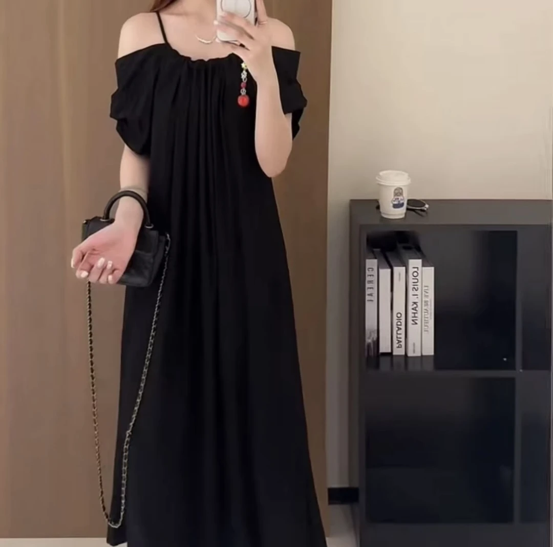 小两口菲夏季新款短袖中长款连衣裙时尚洋气可调节90068