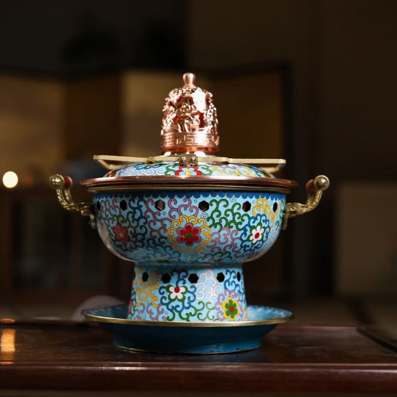 【铜景文创】水蓝缠枝莲-双人-景泰蓝铜火锅