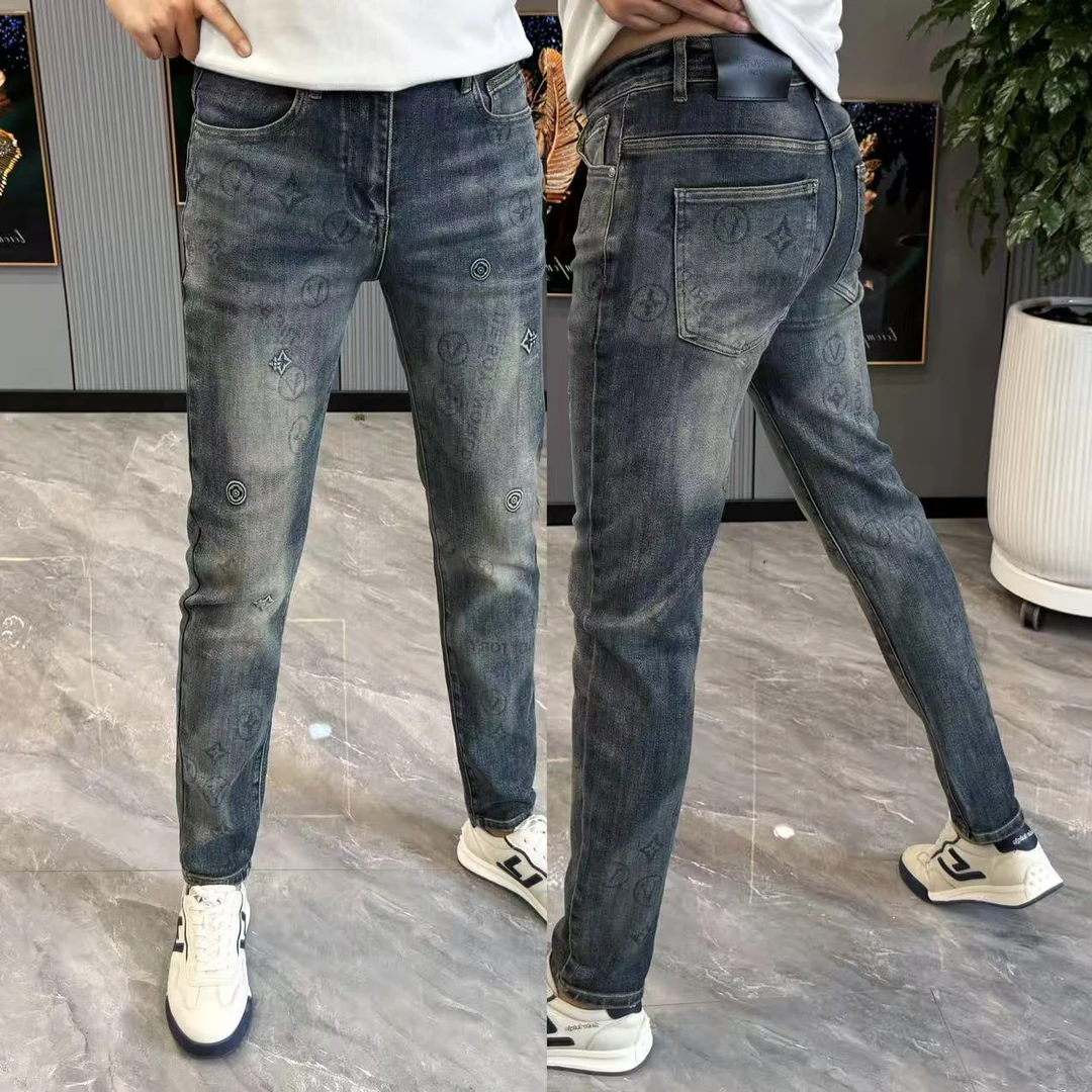 牛仔裤男款秋冬印花修身浅色休闲男士小直筒裤高品质时尚百搭长裤