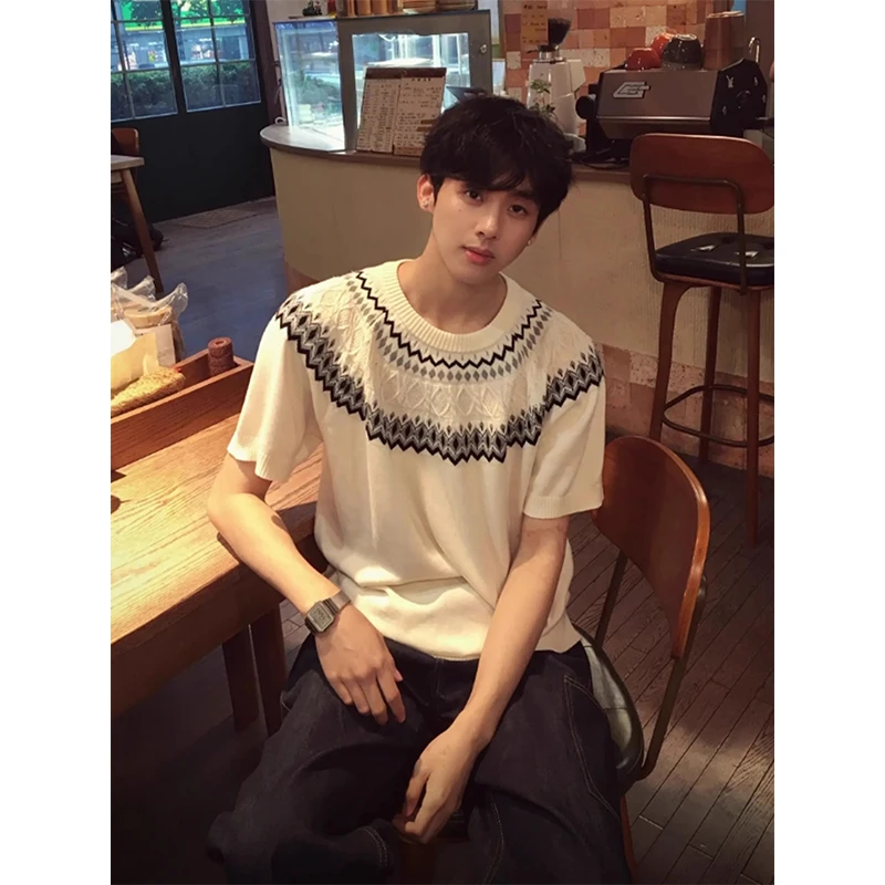 老钱风费尔岛针织短袖男夏季cleanfit圆领正肩t恤少年感穿搭半袖