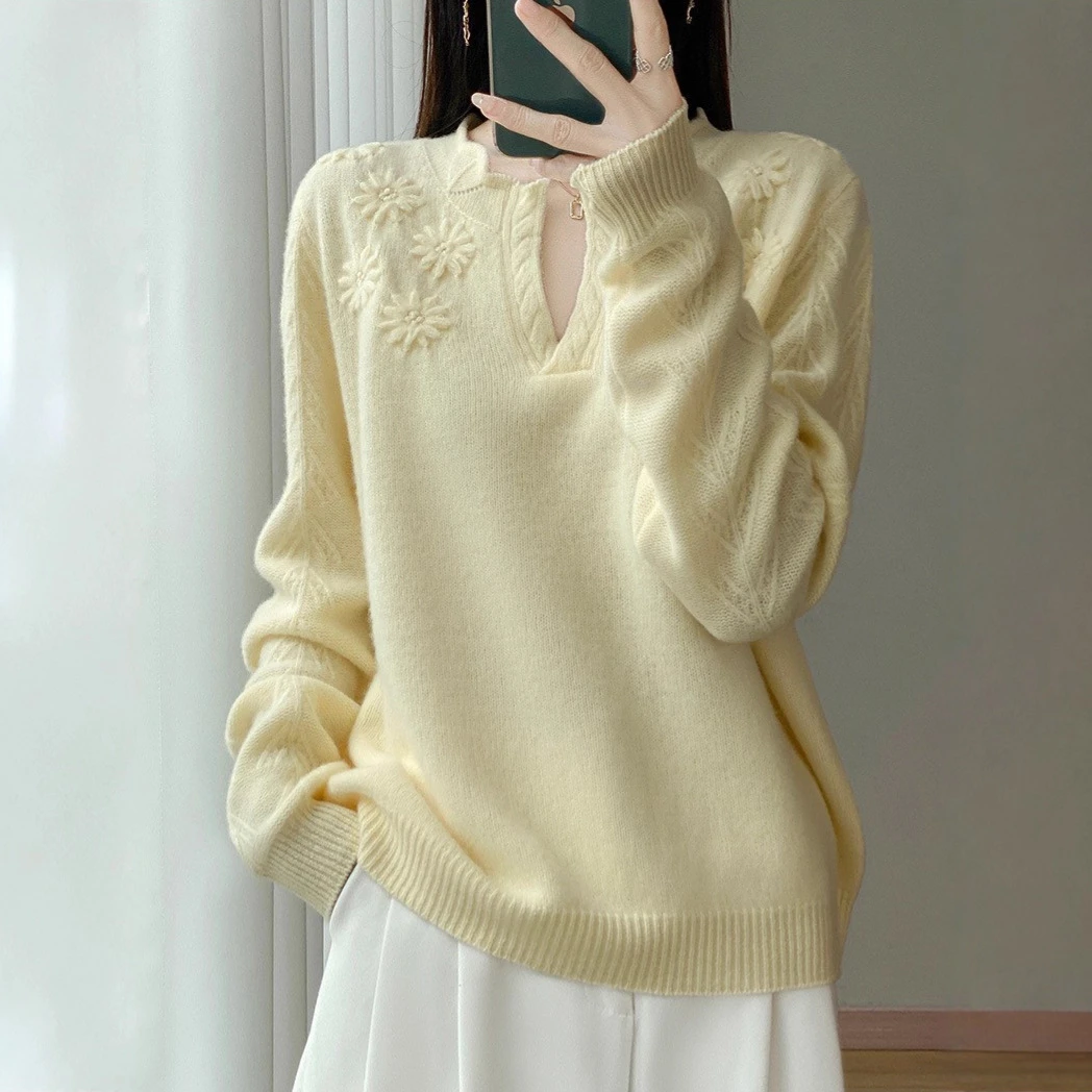 欧货重工立体花朵打底毛衣太阳花半开领100纯羊毛衫女2025年新款