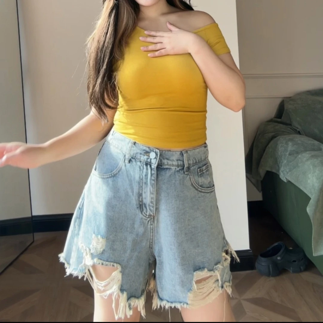 特大码美式爆款破洞牛仔短裤女2025新款夏季胖MM高腰显瘦a字热裤