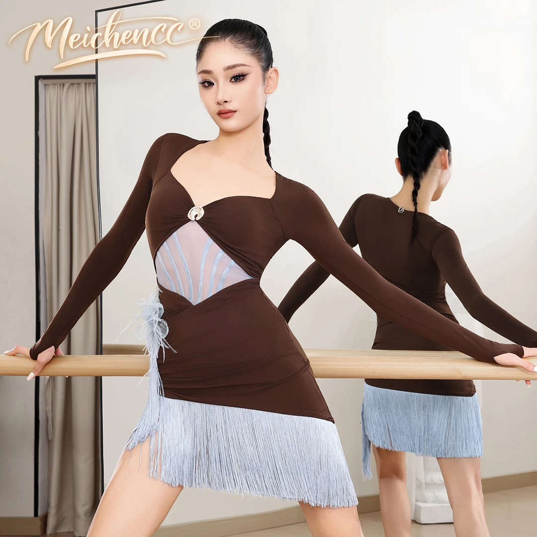 美辰服长袖镂空网纱流苏欧美连衣裙高级感秋冬拉丁舞练功服