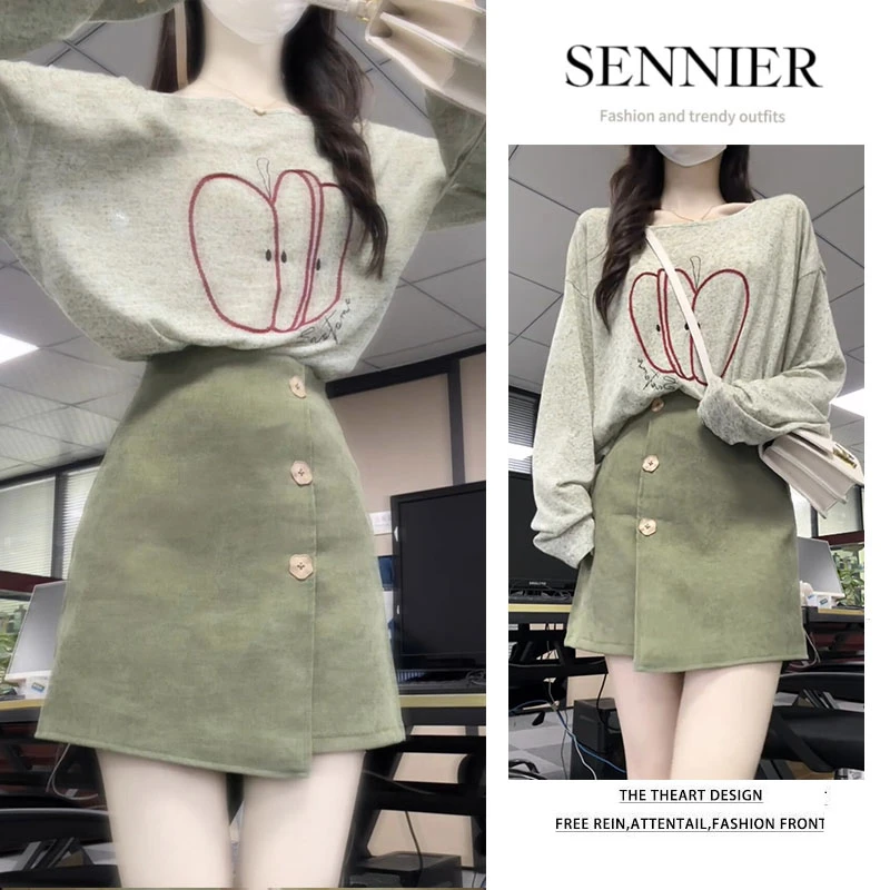 今年流行穿搭一整套2025爆款新款韩版休闲宽松长袖显瘦短裙两件套