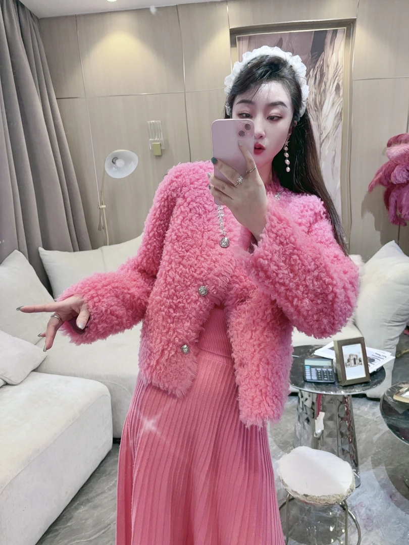 DC【光阴雅趣】秋冬爆款网红洋气羊羔毛翻领钉钻加厚秋冬款短外套