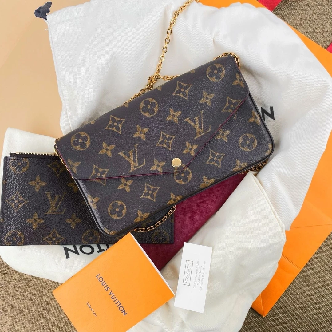99新 LouisVuitton/路易威登 老花酒红色三合一链条包