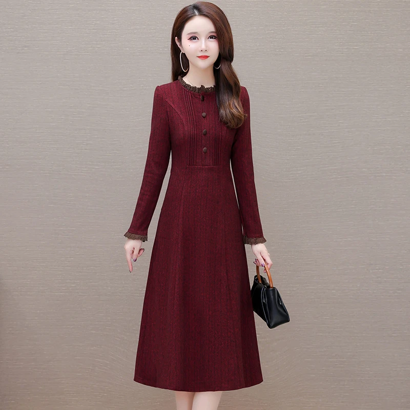 2025新款春季气质修身收腰显瘦洋气中长款连衣裙长袖时尚妈妈装