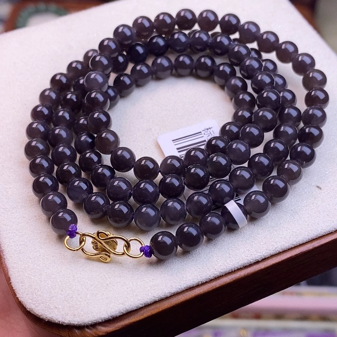 颈饰未镶嵌和田玉毕业级老坑料高冰浓烟紫珠链6m