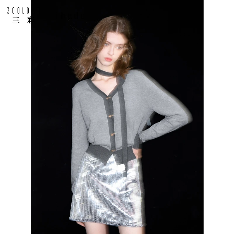 三彩ibudu2025春季新款复古针织开衫V领飘带毛衫长袖上衣女