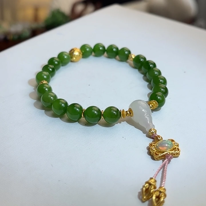 和田玉（碧玉）银S925镶嵌手链8mm冰阳绿碧玉