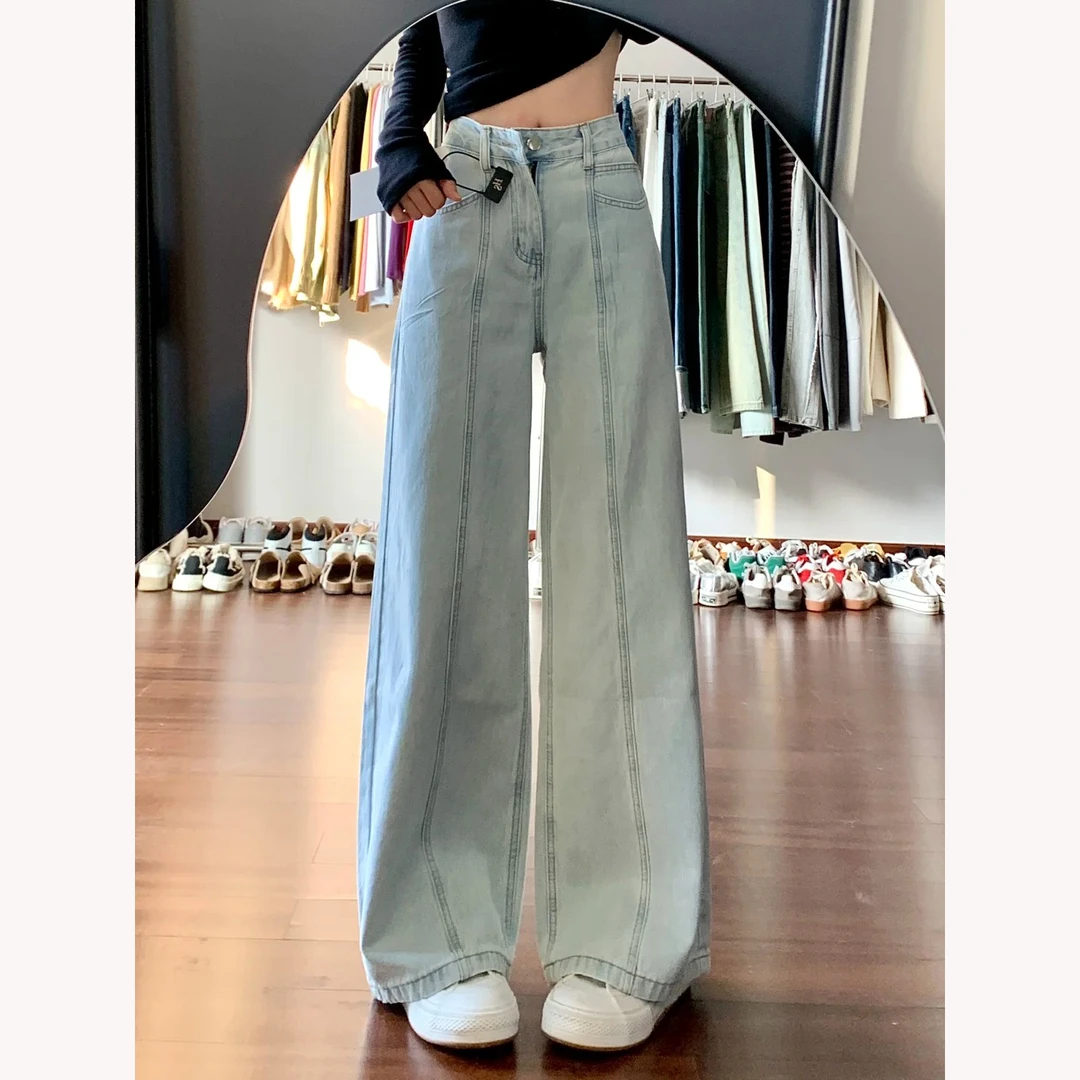 浅蓝高腰阔腿牛仔裤女2025夏季新款拼接设计感宽松显瘦直筒拖地裤