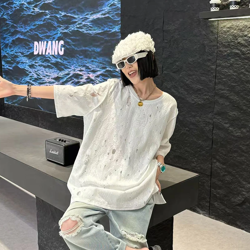 大码女装破洞短袖胖妹妹240斤大版T恤显瘦遮肚子减龄上衣春夏新款