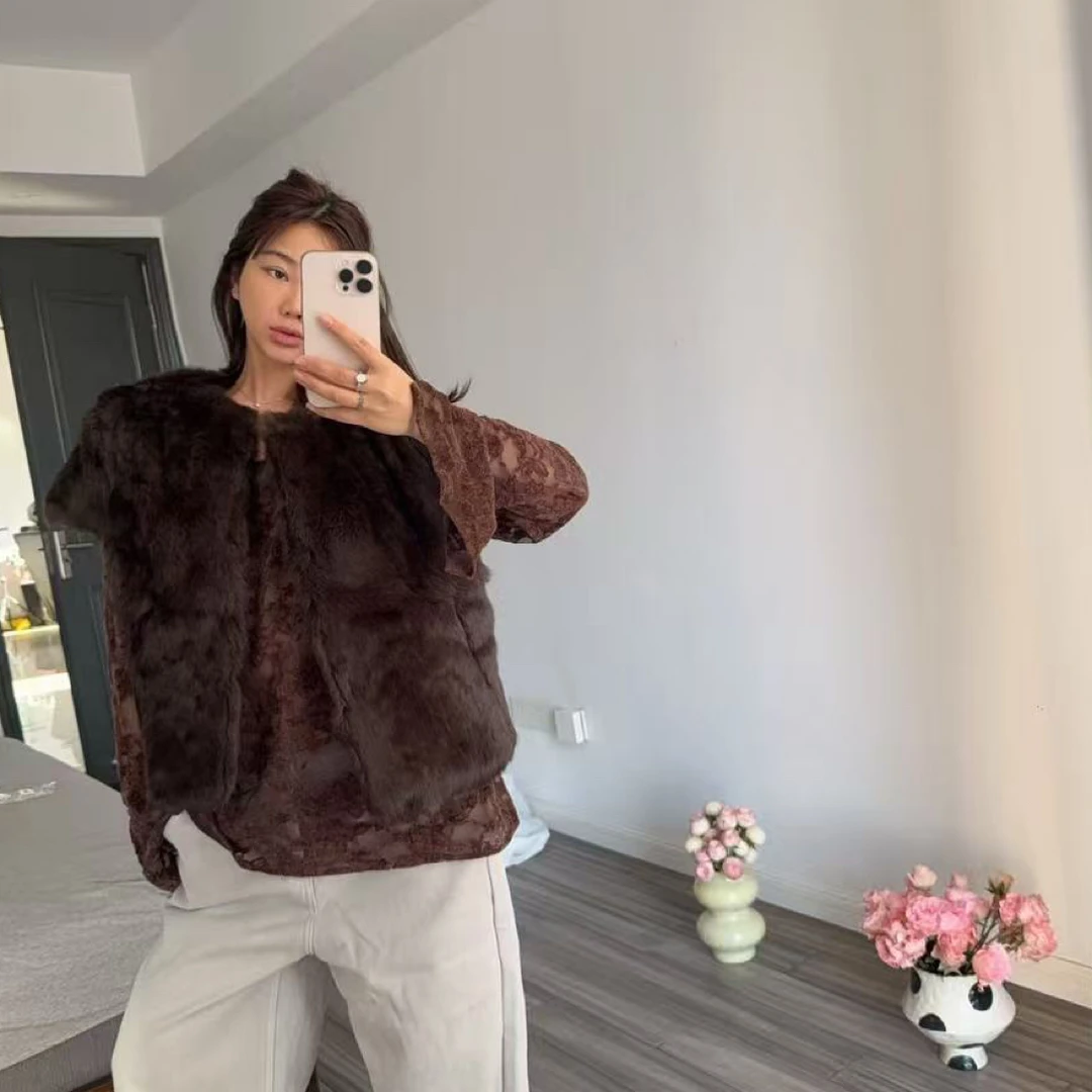模特自留冬季新款 咖啡色短袖兔毛毛毛外套