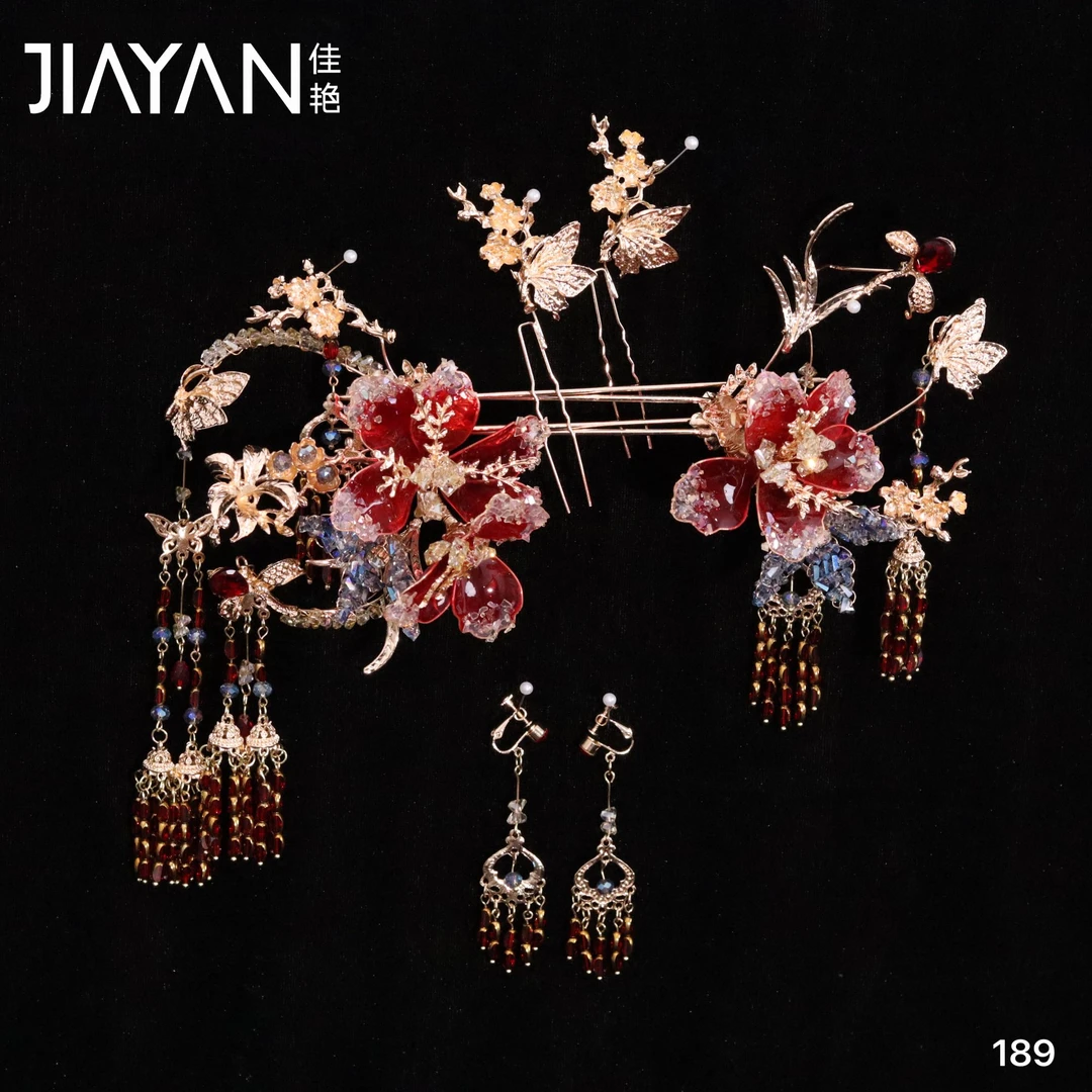 9014新款古装红金撞色中式造花液精致减龄气质百搭新娘头饰