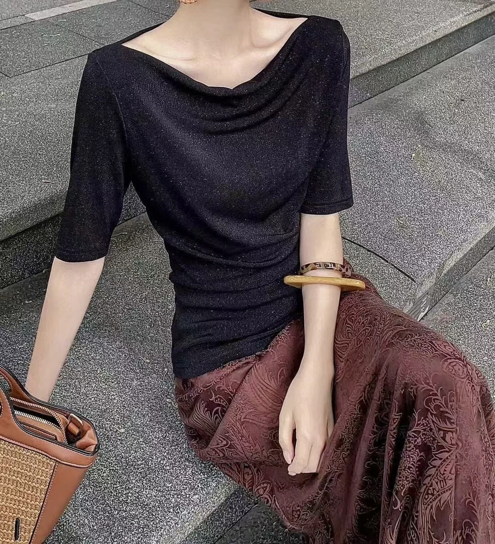 【hui】细闪银中袖针织一字领上衣