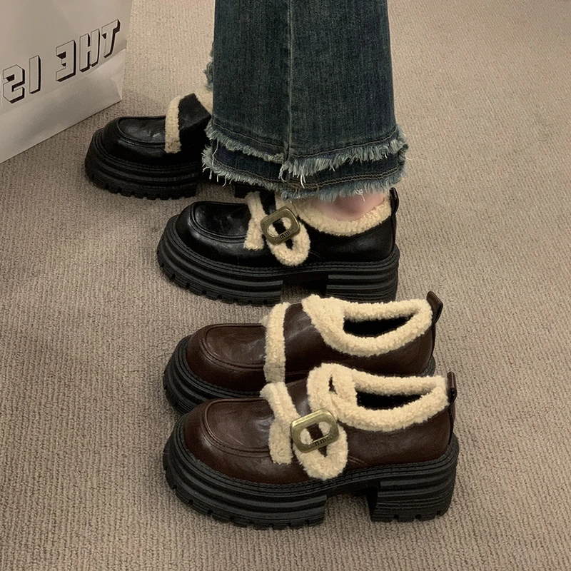 曲贝妍英伦风厚底增高小皮鞋女2025秋冬新款加绒保暖毛毛鞋乐福鞋