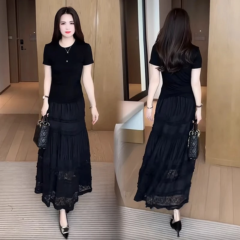 连衣裙套装女2025夏季新款简约短袖冰丝T恤+蕾丝半身裙显瘦两件套