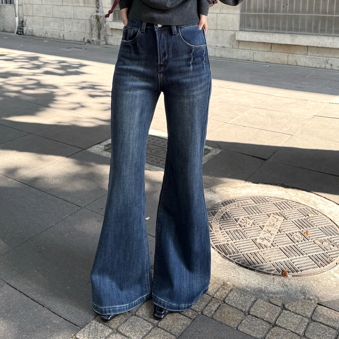 WUDALIAN 冬季复古高腰显瘦喇叭裤加绒加厚牛仔裤