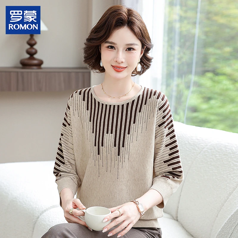罗蒙妈妈装秋季时尚针织衫新款宽松中年女士上衣中老年人打底小衫