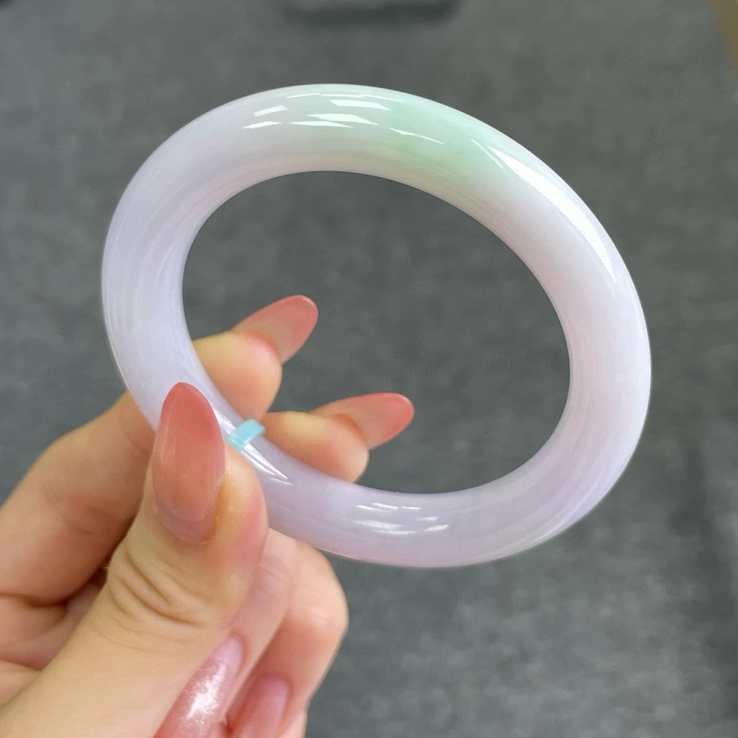 粉紫春彩天然翡翠A货手镯53圆条