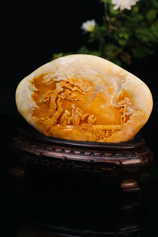 老挝银包金田黄摆件富贵山居图净尺寸12.8+8.8+5厘米661克