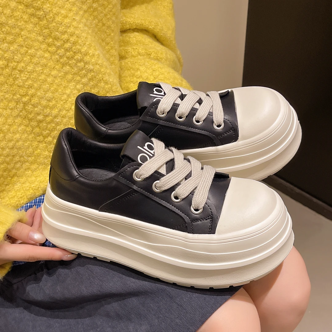 真皮休闲大头丑萌面包牛皮增高小个子黑白小白鞋松糕厚底板鞋女款