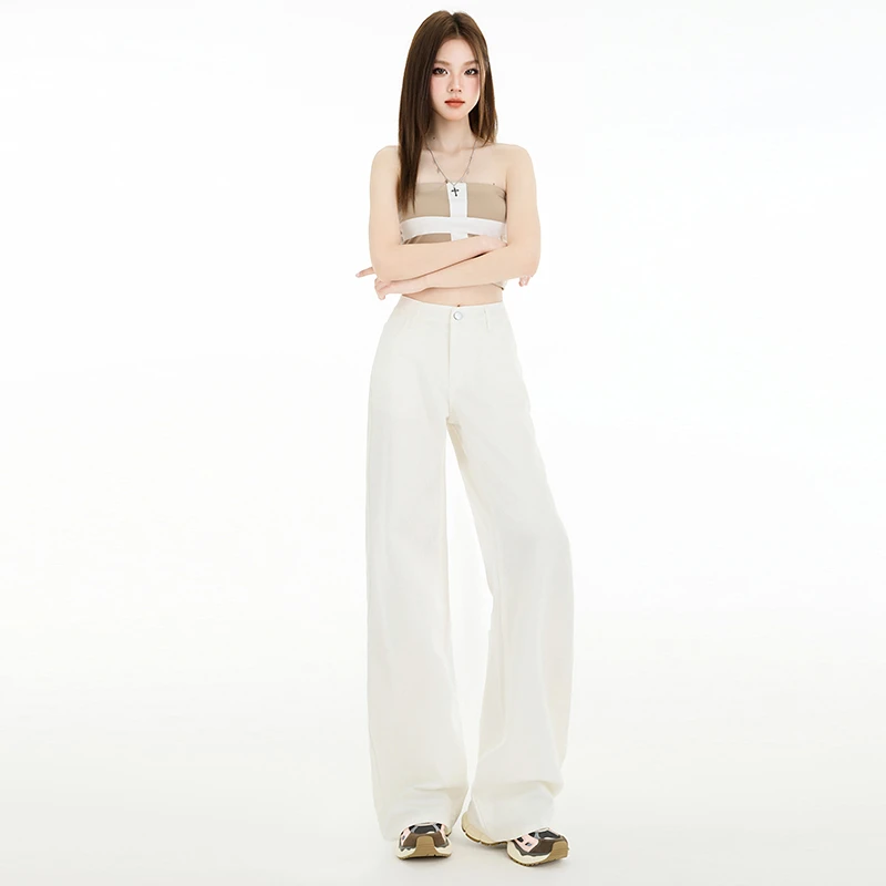 Busrr2025年夏季白色窄版直筒牛仔裤宽松垂感三防裤凉感阔腿裤