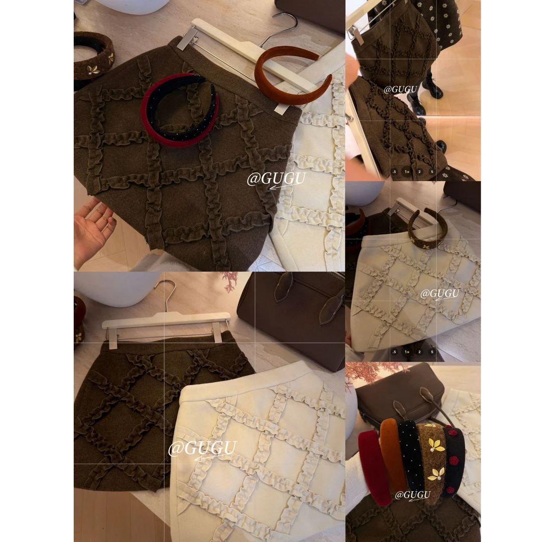 【古古】【花边半裙】超难做手工抽折专机敲边毛尼显瘦冬季半裙G25573