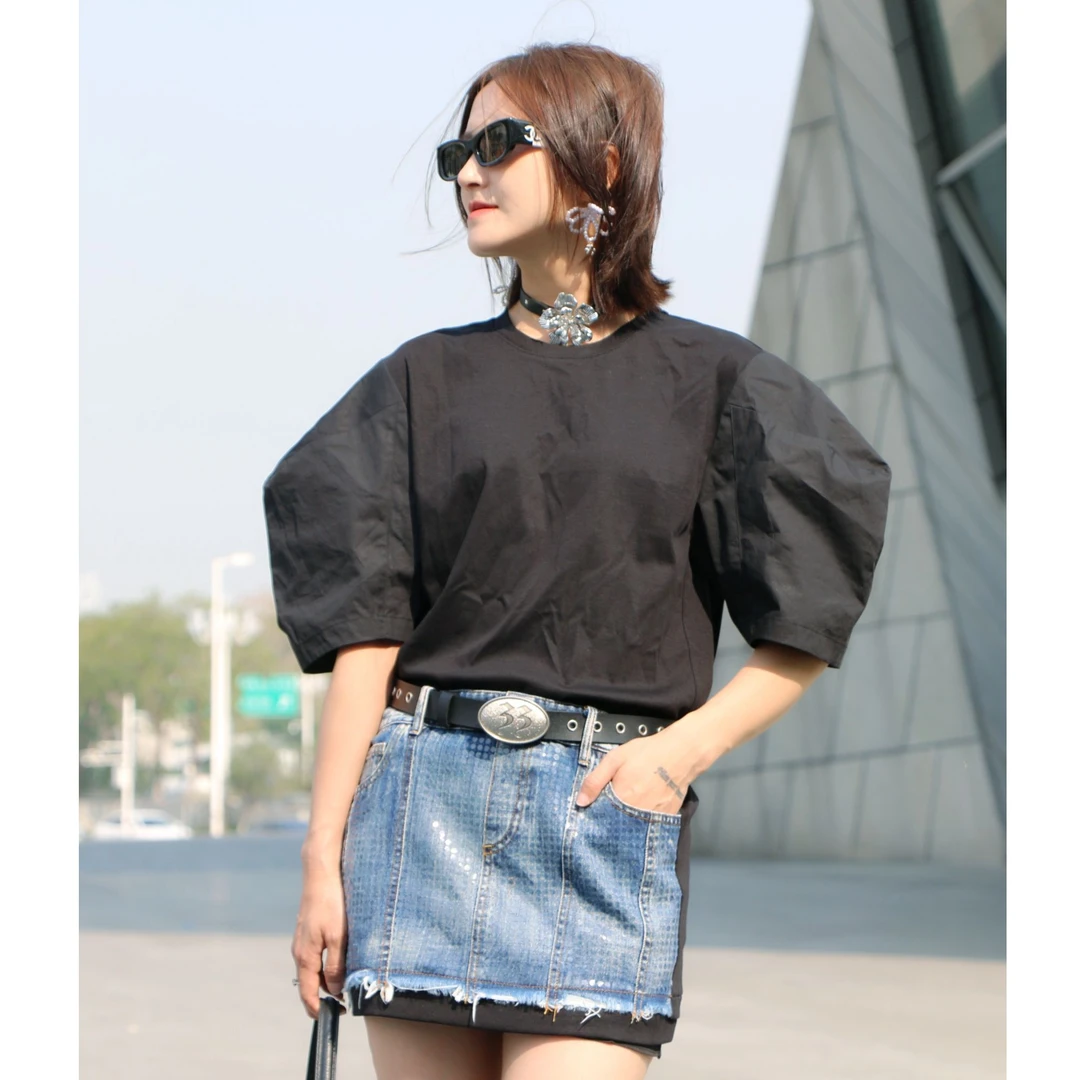 小众泡泡袖拼接牛仔短款夏季气质百搭连衣裙