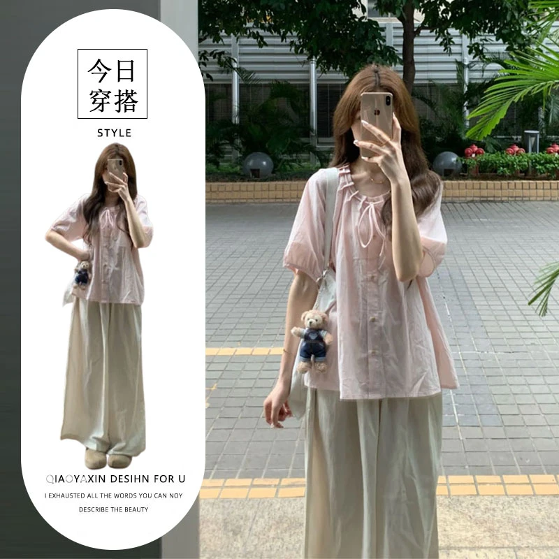 温柔风休闲通勤套装女夏季甜美绑带短袖衬衫爆款高腰阔腿裤两件套