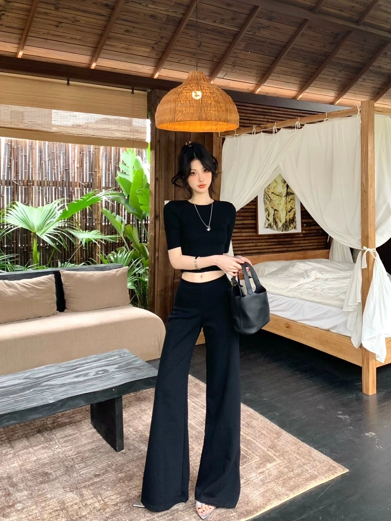 M167短款露脐修身中袖T恤女夏季2025新款纯欲性感辣妹长裤套装