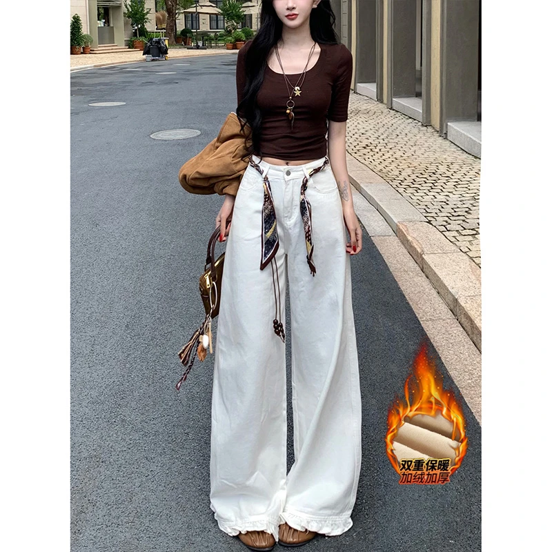 加绒设计感木耳边牛仔裤女2025年冬季新款高腰显瘦休闲垂感拖地裤
