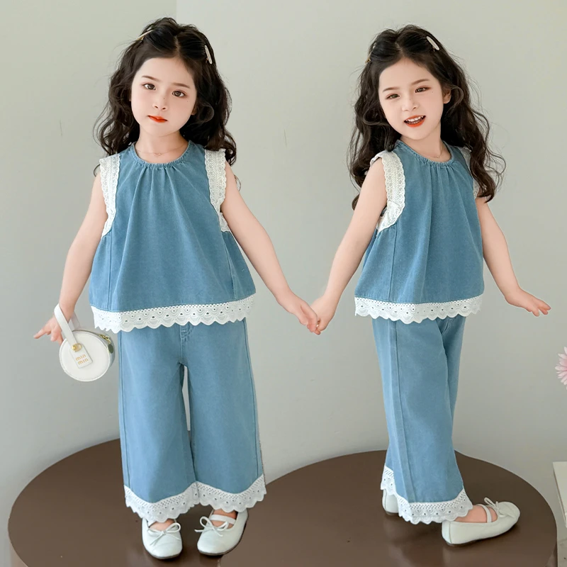 儿童女夏装套装2025新款女宝无袖牛仔背心阔腿裤两件套薄款洋气潮