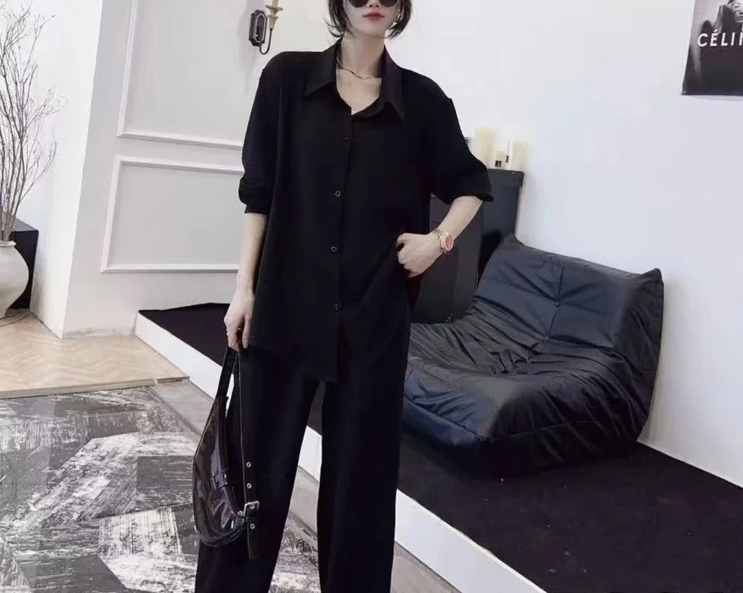 5933-嘉欣家2025秋季新款大码时尚宽松休闲衬衫上衣➕裤子两件套
