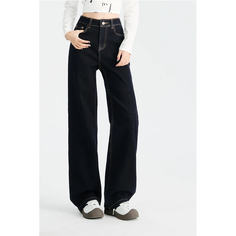 复古高腰牛仔裤女款秋冬新款微弹小个子直筒显瘦丹宁蓝牛仔裤