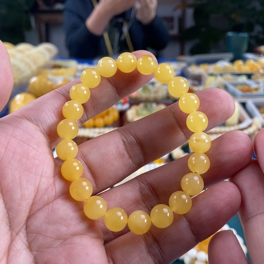 琥珀未镶嵌珠宝奇石8鸡油黄蜜蜡手串8.5
