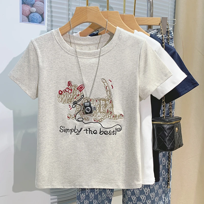 2025年夏季新款韩版休闲卡通刺绣短袖T恤女重磅纯棉百搭白色上衣