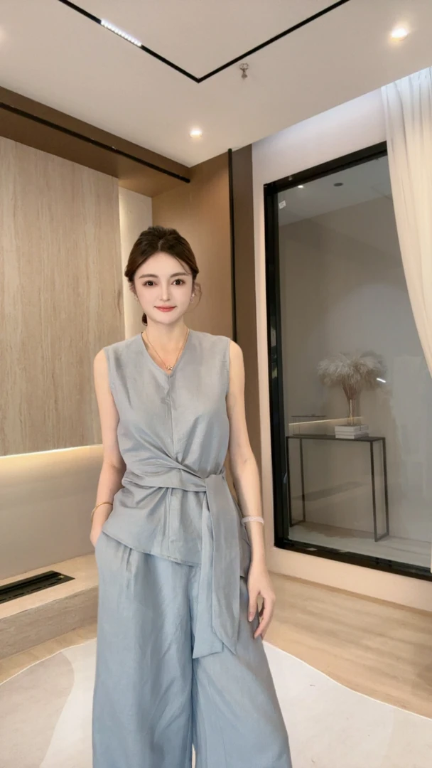 韩系气质 V 领3129无袖收腰设计感绑带小衫+高腰阔腿裤两件套小众